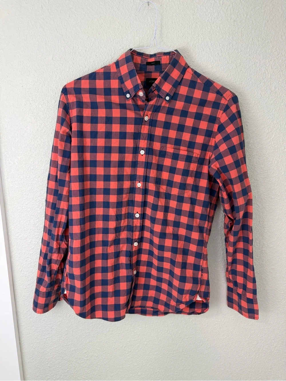 J. Crew Orange and Navy Check Button-Down Shirt Sz Small Slim Fit
